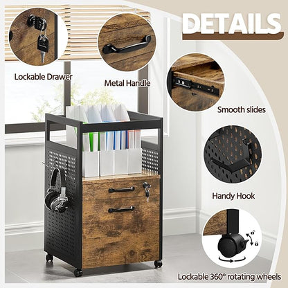 Yaheetech File Cabinets Industrial Office File Cabinet Mobile Filing Cabinet with Open Storage Shelf, Wood Filing Cabinet fits A4, Letter for Home Office Black/Rustic Brown