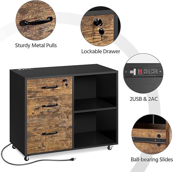 Yaheetech Filing Cabinet with Charging Station, Lateral File Cabinets Printer Stand with 3 Drawers, for Home and Office Black/Rustic Brown