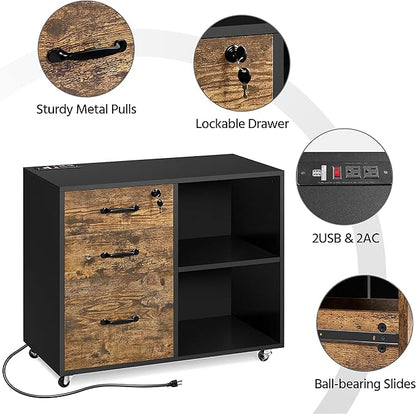 Yaheetech Filing Cabinet with Charging Station, Lateral File Cabinets Printer Stand with 3 Drawers, for Home and Office Black/Rustic Brown