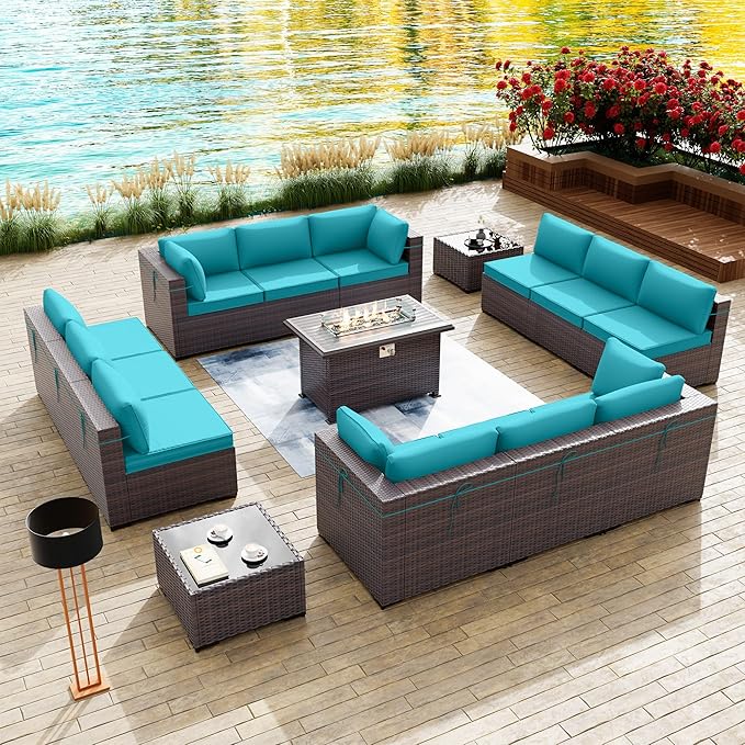 Kullavik 15 Pieces Outdoor Patio Furniture Set with 43" Gas Propane Fire Pit Table PE Wicker Rattan Sectional Sofa Patio Conversation Sets,Blue Cushions