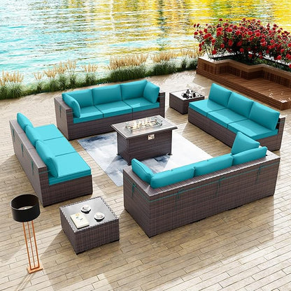 Kullavik 15 Pieces Outdoor Patio Furniture Set with 43" Gas Propane Fire Pit Table PE Wicker Rattan Sectional Sofa Patio Conversation Sets,Blue Cushions