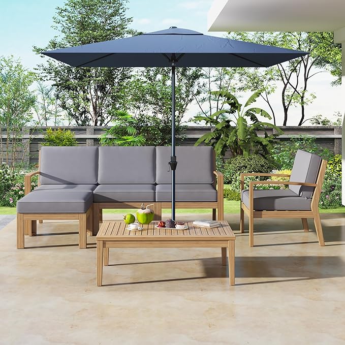 Merax 6 Pieces Sectional Sofa Solid Acacia Wood Frame Outdoor Conversation Furniture Sets with Coffee Table and Removable Cushion for Garden Backyard Patio and Poolside, Grey