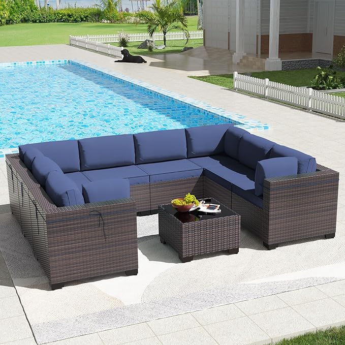 Kullavik 9PCS Outdoor Patio Furniture Set PE Wicker Rattan Sectional Sofa Patio Conversation Sets,Navy blue