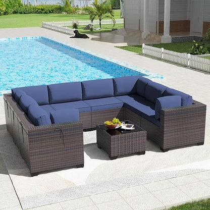 Kullavik 9PCS Outdoor Patio Furniture Set PE Wicker Rattan Sectional Sofa Patio Conversation Sets,Navy blue