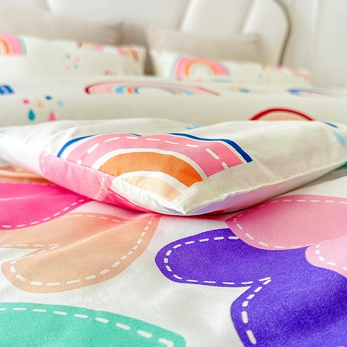 Btargot Lightweight Soft 3 Piece Rainbow Comforter Set with 2 Pillow Covers, Cartoon Love Hearts Flowers and Grass Bedding Set for Girls Boys Kids, Queen Multi-Color