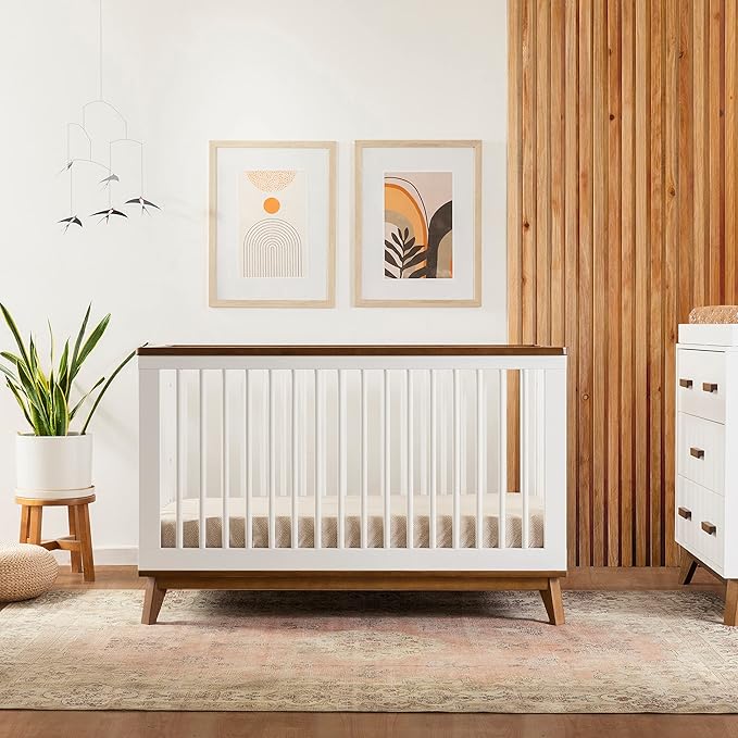 Babyletto Scoot 3-in-1 Convertible Crib with Toddler Bed Conversion Kit in White and Natural Walnut, Greenguard Gold Certified