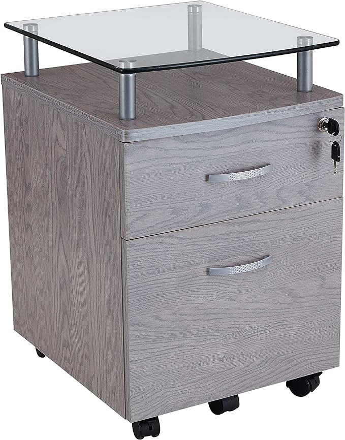 Techni Mobili Functional Storage L-Shaped Computer Desk, Grey & Rollingg File Cabinet, Regular, gray