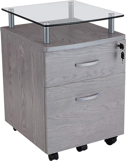 Techni Mobili Functional Storage L-Shaped Computer Desk, Grey & Rollingg File Cabinet, Regular, gray