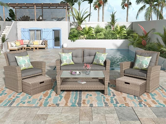 4-Piece Outdoor Patio Furniture Sets, All Weather Wicker Sectional Sofa Loveseat with Ottoman, Soft Cushions&Glass Table w/Shelf, Conversation Couch for Garden Backyard Poolside Deck, Gray