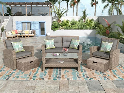 4-Piece Outdoor Patio Furniture Sets, All Weather Wicker Sectional Sofa Loveseat with Ottoman, Soft Cushions&Glass Table w/Shelf, Conversation Couch for Garden Backyard Poolside Deck, Gray