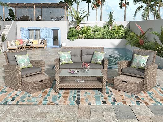 Set, 4 Piece Outdoor Wicker Rattan Sectional Sofa with Glass Table, Ottoman and Soft Cushions, Front Porch Apartment Patio Furniture for Backyard Lawn Garden, Onesize, E-Gray-e