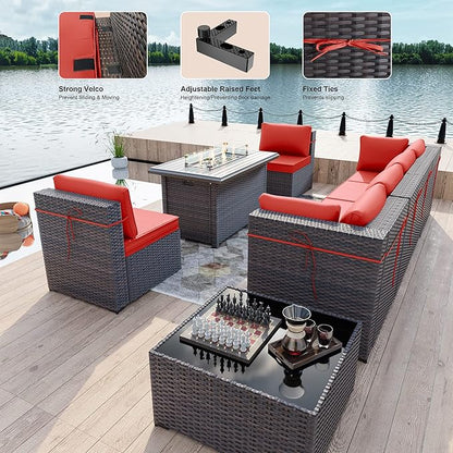 Kullavik 8 Pieces Outdoor Patio Furniture Set with 43" 55000BTU Gas Propane Fire Pit Table PE Wicker Rattan Sectional Sofa Patio Conversation Sets,Red