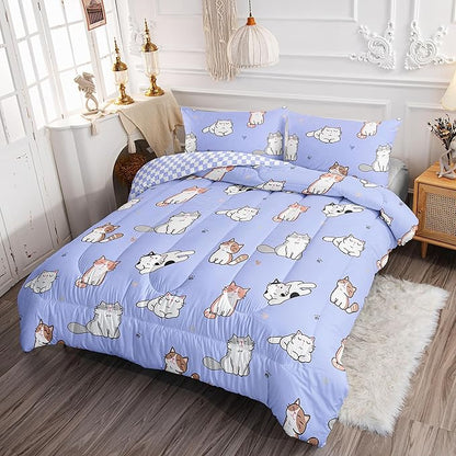 Datura home Purple Kawaii Cat Comforter Bedding Set for Girls Kitten Purple Print Cute Animal Pattern with 1 and 2 Pillowcases Bedroom All Season(Cat Purple Twin), Twin 68x86inches