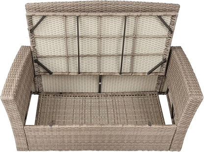 4-Piece Rattan Patio Furniture Sets, All Weather Outdoor Sectional Sofa Loveseat with Ottoman,Soft Cushions&Glass Table w/Shelf, Wicker Conversation Couch for Garden Backyard, Onesize, Gray