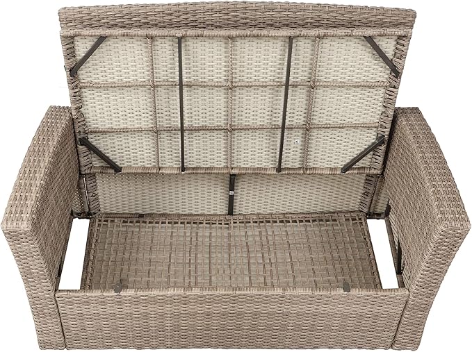 4-Piece Outdoor Patio Furniture Sets, All Weather Wicker Sectional Sofa Loveseat with Ottoman, Soft Cushions&Glass Table w/Shelf, Conversation Couch for Garden Backyard Poolside Deck, Gray