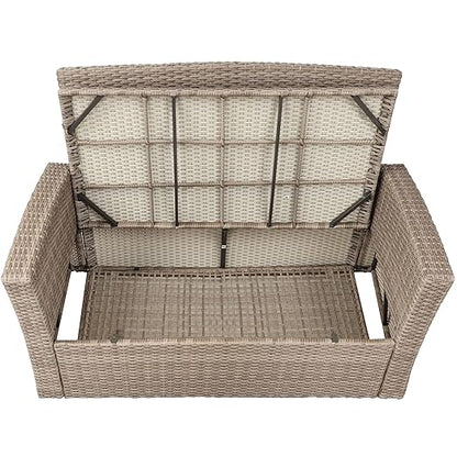 Set, 4 Piece Outdoor Wicker Rattan Sectional Sofa with Glass Table, Ottoman and Soft Cushions, Front Porch Apartment Patio Furniture for Backyard Lawn Garden, Onesize, E-Gray-e