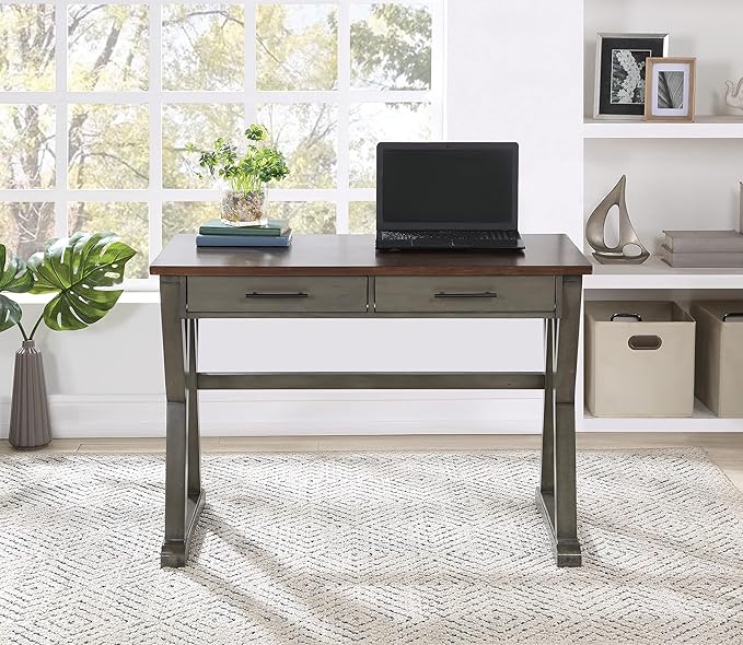 OSP Home Furnishings Jericho Rustic 42 Inch Writing Desk with 2 Drawers and Burnished Decorative Hardware, Slate Gray