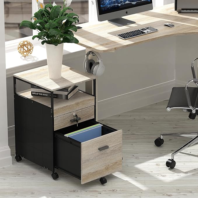 SHW Rolling File Cabinet w/ 2 Drawers & Open Shelf, Maple