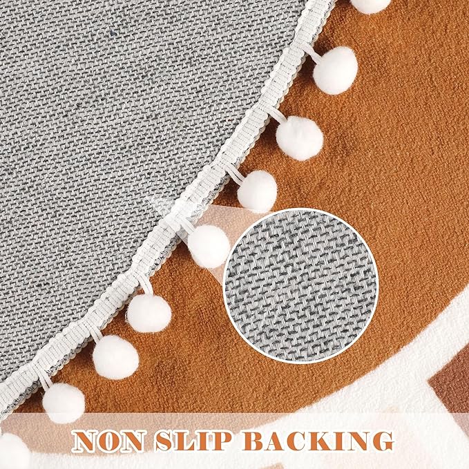 Topotdor Boho Round Area Rug 4ft Sun Rainbow Nursery Rugs for Kids Room, Washable Ultra Soft Circle Area Rug with Pom Poms, Non-Slip Accent Throw Rugs for Bedroom Entryway Living Room Decor