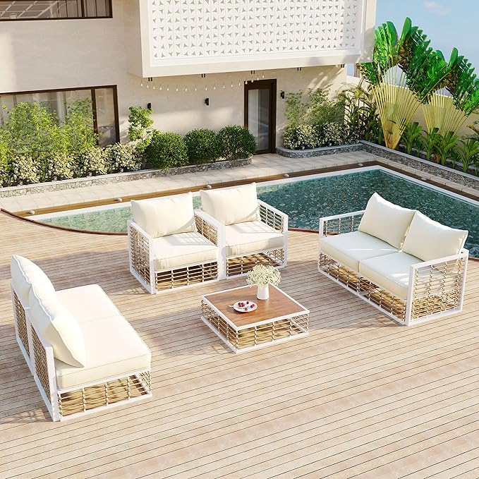 7-Piece Rattan Woven Outdoor Patio Furniture Set, All-Weather Sectional Sofa with Removable Cushions&Coffee Table, Minimalist Style Garden Couch Seating, Onesize, White Frame+Ivory Cushion