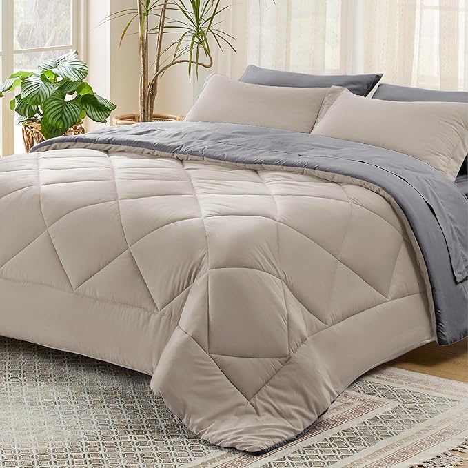 Bedsure Beige Comforter Set - 7 Pieces Reversible Bed in a Bag with Comforters, Sheets, Pillowcases & Shams, Bedding Sets