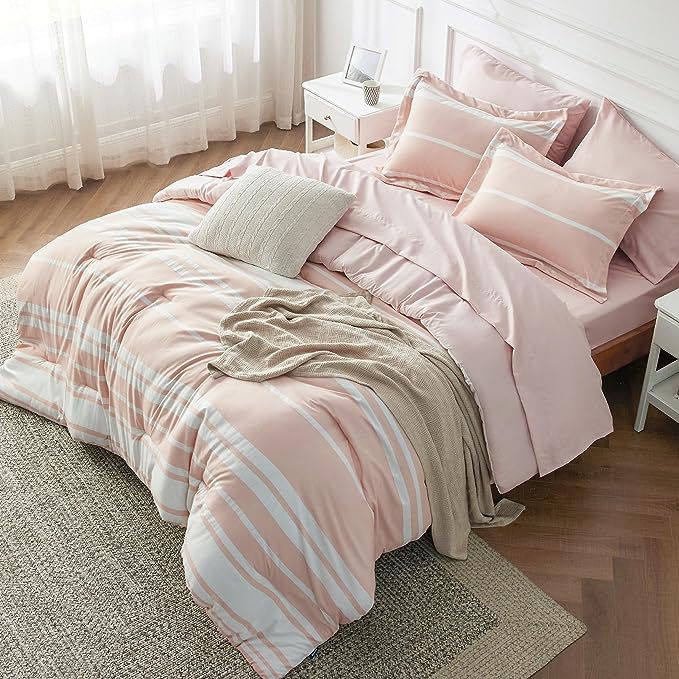 Bedsure Bed in a Bag King Size 7 Pieces, Light Pink White Striped Bedding Comforter Sets All Season Bed Set, 2 Pillow Shams, Flat Sheet, Fitted Sheet and 2 Pillowcases