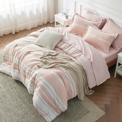 Bedsure Bed in a Bag Twin Size 5 Pieces, Light Pink White Striped Bedding Comforter Sets All Season Bed Set with 1 Pillow Sham, Flat Sheet, Fitted Sheet and 1 Pillowcase