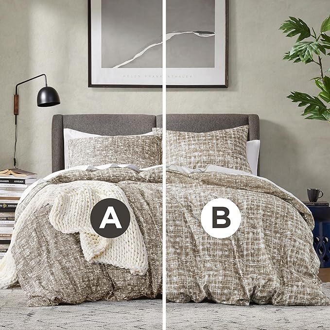Hyde Lane Full/Queen Comforter Set, Taupe Boho Modern Aesthetic Soft Bedding, Plaid Lines Pattern Neutral Bed Sets for All Season, 3 Pieces includes 1 Comforter, 2 Shams (90"x 90")