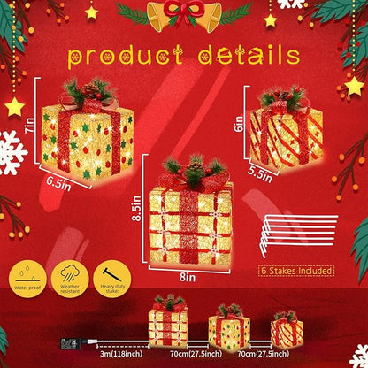 [Large 9.5"x8"x6.5" Christmas Set of 3 Lighted Gift Boxes Decorations Pre-lit 70 Super-Bright LED with Flashers,for Indoor Outdoor Christmas Tree Skirt Ornament Pathway Holiday Party Home