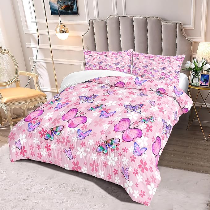 Kids Butterfly Comforter Set - Butterfly Queen Bedding Set Pink Butterflies Prints Bedding Set for Girls Room Cute Princess Bedding Set for All Season Butterfly Bed Set, 1 Comforter + 2 Pillowcases