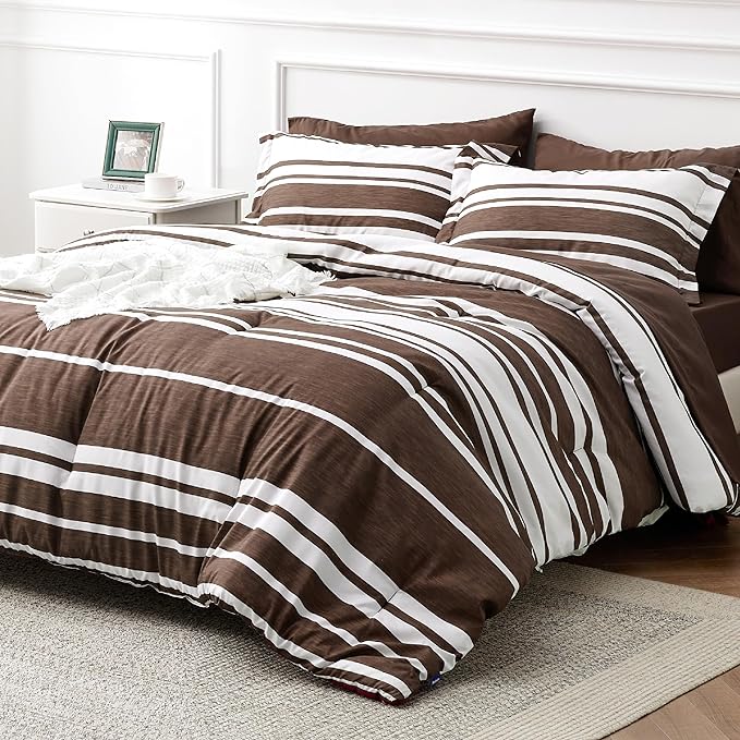 Bedsure Queen Comforter Set 7-Piece Brown White Striped Bed in a Bag All Season Reversible Bed Set, 2 Pillow Shams, Flat Sheet, Fitted Sheet and 2 Pillowcases
