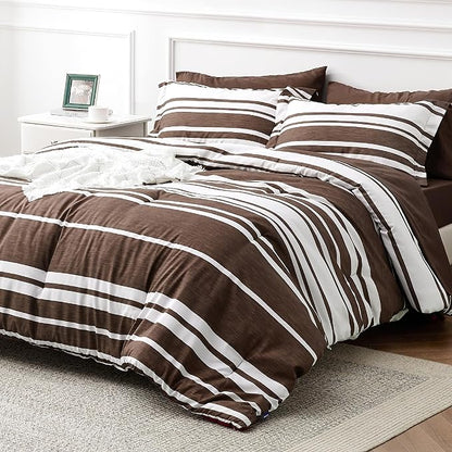 Bedsure Queen Comforter Set 7-Piece Brown White Striped Bed in a Bag All Season Reversible Bed Set, 2 Pillow Shams, Flat Sheet, Fitted Sheet and 2 Pillowcases