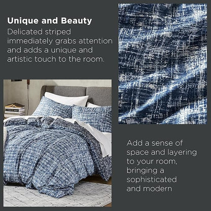 Hyde Lane Comforter King Size for Men, Blue Modern Farmhouse Aesthetic Soft Bedding Set, Masculine Plaid Lines Pattern Bed Sets for All Season, 3 Pieces includes 1 Comforter, 2 Shams (104"x 90")