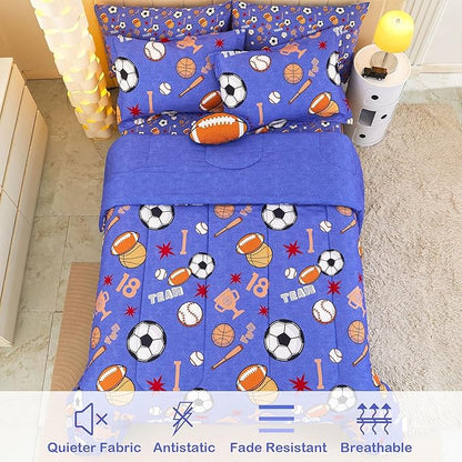 Mooreeke Bed in a Bag for Kids Boys Teens, 8 Pieces Full Size Comforter Bed Set with Shams, Sheet Set and Decorative Toy Pillow, Balls Blue Super Soft Microfiber Kids Comforter Bedding Set