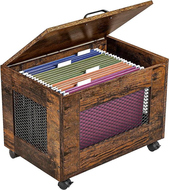 Rolling File Cabinet Cart, Hanging File Organizer Box with Lid for Home Office, Small Filing Cabinet on Wheels Under Desk, Mobile Decorative Document Storage Basket for Letter & Legal Size