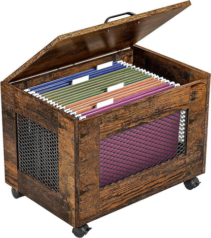 Rolling File Cabinet Cart, Hanging File Organizer Box with Lid for Home Office, Small Filing Cabinet on Wheels Under Desk, Mobile Decorative Document Storage Basket for Letter & Legal Size