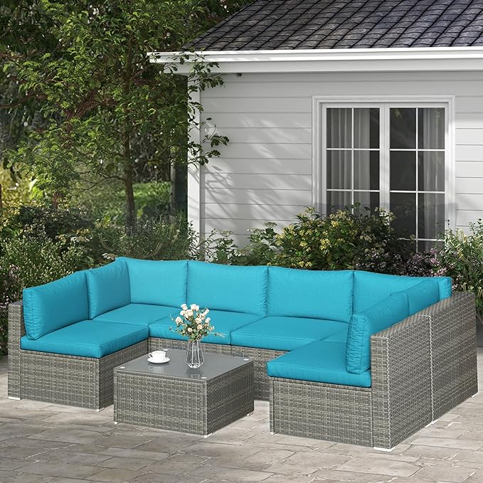 SUNVIVI OUTDOOR 7 Piece Patio Furniture Sets All Weather Grey PE Wicker Couch Sofa with Glass Table, Removable Blue Cushions