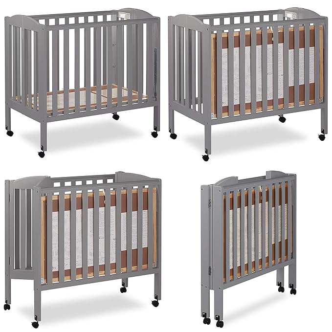 3 in 1 Portable Folding Stationary Side Crib in Steel Grey, Greenguard Gold Certified, Safety Wheels with Locking Casters, Convertible, 3 Mattress Heights