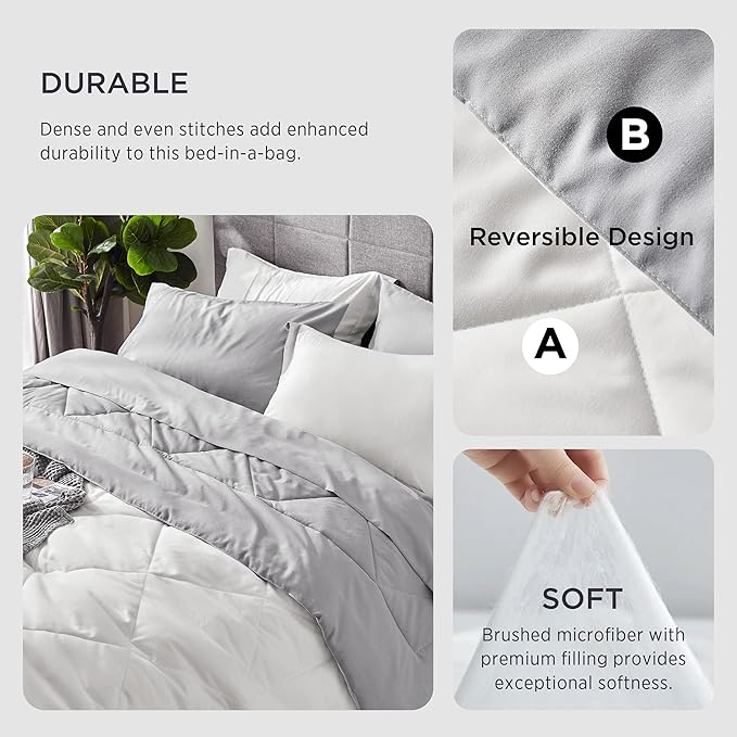 Bedsure Ivory California King Size Comforter Set - 7 Pieces Reversible California King Bed in a Bag, California King Ivory and Grey Bed Set with Comforters, Sheets, Pillowcases & Shams