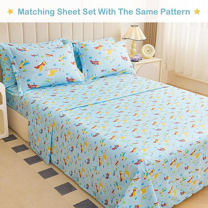Mooreeke Bed in a Bag for Kids Boys Teens, 7 Pieces Full Size Aircraft Print Comforter Bed Set with Shams, Sheet Set, Airplane Blue Super Soft Microfiber Kids Comforter Bedding Set