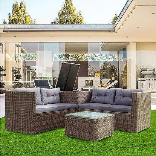 Patio Furniture Set, 4 Pieces PE Wicker Rattan Outdoor Conversation Sectional Sofa with Tempered Glass Table and Storage Box, for Backyard Lawn Garden Lown Porch, E-Grey