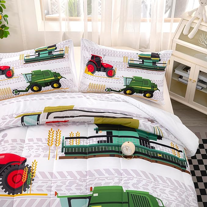 CVHOUSE Tractor Bedding Sets for Boys,Excavators Comforter King,Boys Cartoon Truck Comforter Set,Trucks Tractors Cars Quilt Set with 1 Comforter and 2 Pillow Cases- 3 Piece