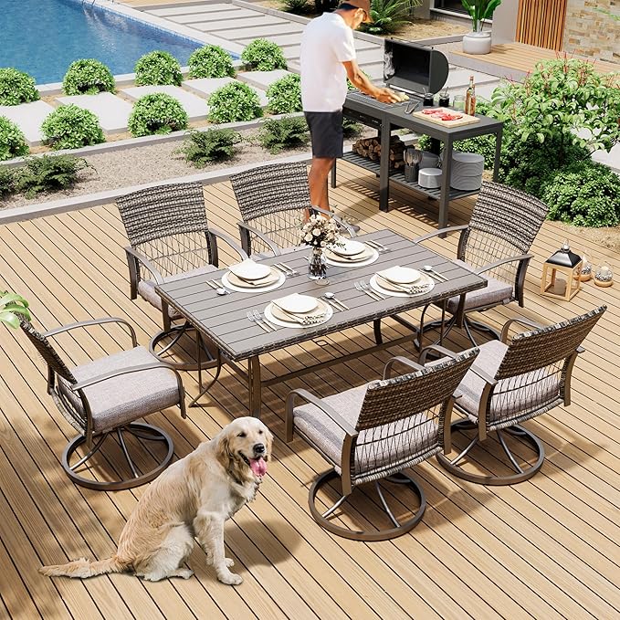 Pamapic 7 Piece Patio Dining Set for 6,Wicker Outdoor Furniture Set for Backyard Garden Deck Poolside with Iron Slats Table Top,6 Cushions Swivel Rocker Chairs,Removable Cushions(Gray)