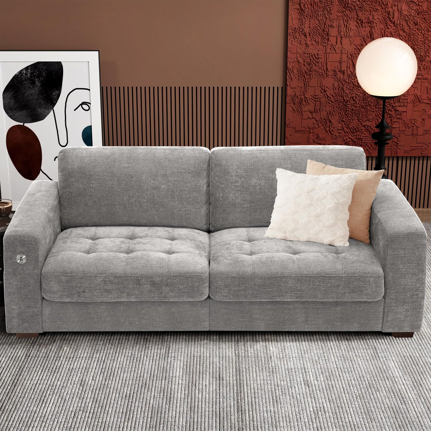 Ihanherry 111.4" L Shaped Modern Sofa Modular Sectional Cloud Couch with Ottoman, 4-Seat Chenille Deep Seat Sofa with Pillow for Living Room, Bedroom and Apartment, Beige