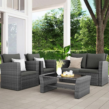 Wisteria Lane 4 Piece Outdoor Patio Furniture Sets, Wicker Conversation Set for Porch Deck, Grey Rattan Sofa Chair with Cushion （Dark Grey