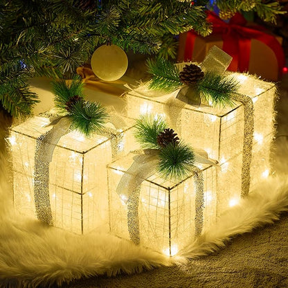 Joiedomi Christmas Lighted Gift Boxes, Christmas Decorations Set of 3, Light up Present Boxes, 60 LED Warm White Lights for Indoor Holiday Décor, Christmas Eve Night Décor