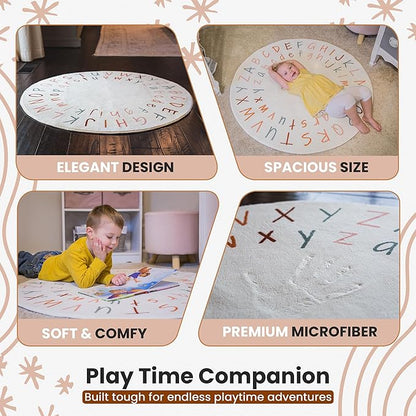ABC Rug for Kids Room | 40 Inch Round Alphabet Rug with Capital and Lowercase Letters | ABC Boho Classroom Rug for Alphabet Learning