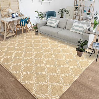 Chicrug Shag Geometric Modern Area Rug for Living Room, 5x7 Feet Large Memory Foam Indoor Carpet, Fluffy Rug for Bedroom Bedside Room Decor for Family Girls Kids Nursery, Beige/White