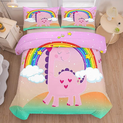 Tailor Shop Pink Dinosaur Comforter Set, Kids Dinosaur Comforter Sets,Cartoon King Bedding Set for Girls ，Colorful Dino Bedding Sets，Dinosaur Bed Set,with 1 Comforter 2 Pillowcase