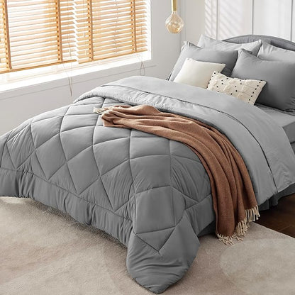 Bedsure Twin Comforter Set - 5 Pieces Reversible Twin Bed Set, Grey Extra Long Twin Bed in a Bag with Comforters, Sheets, Pillowcase & Sham, Bedding Set Twin for College